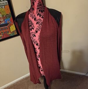 Confidence Front Women's Cardigan in Burgundy with Faux Leather Shoulders Large